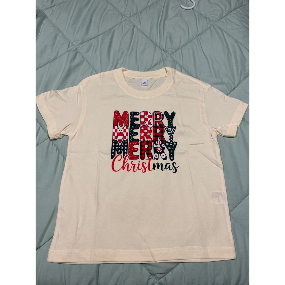 Kids Light Yellow Buffalo Plaid Merry Christmas Holiday Tee Size 2T-8Y